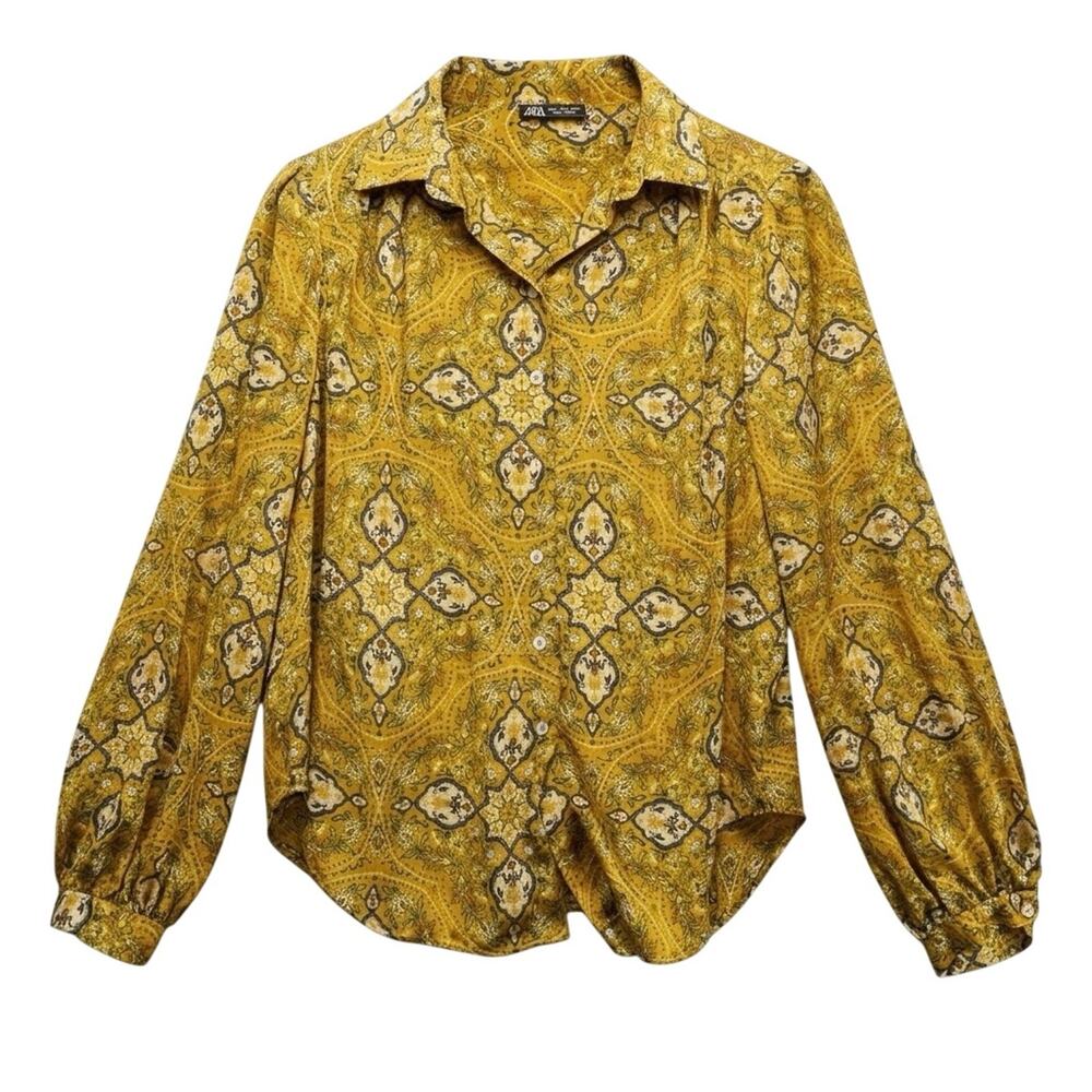 Zara Women’s Small Paisley Medallion Button-Up Blouse Ochre Gold Lantern Sleeve